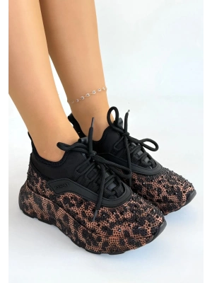 Rimay Kahverengi Leopar Boncuk İşlemeli Spor Ayakkabı