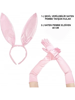 ÇOK SATAN Saten Kaplama Soft Pembe Eldiven 40 Cm Ve Tavşan Kulak 2 Li Set