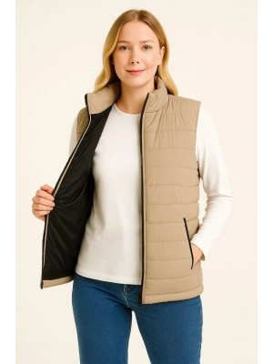 Şişme Fermuarlı Yelek Su itici Kapitone Astarlı Kumaş Cepli Hafif Kışlık Spor Rahat Kalıp - Bej