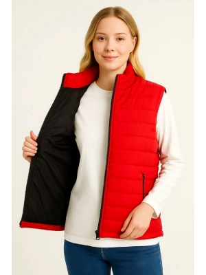 Şişme Fermuarlı Yelek Su itici Kapitone Astarlı Kumaş Cepli Hafif Kışlık Spor Rahat Kalıp - Kırmızı