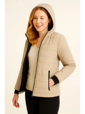 Şişme Kapüşonlu Fermuarlı Mont Su itici Kapitone Astarlı Kumaş Cepli Kışlık Rahat Kalıp - Bej