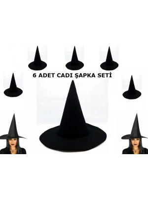ÇOK SATAN Siyah Cadı Şapkası Keçe Yetişkin Boy 6 Adet