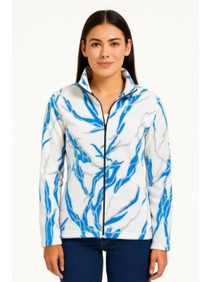 Tam Fermuarlı Desenli Polar Sweat Lightning Desen Yakalı, Uzun Kollu, Oversize Rahat Kalıp - Beyaz