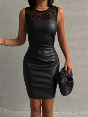 Üstü dantelli straplez deri elbise siyah w24421
