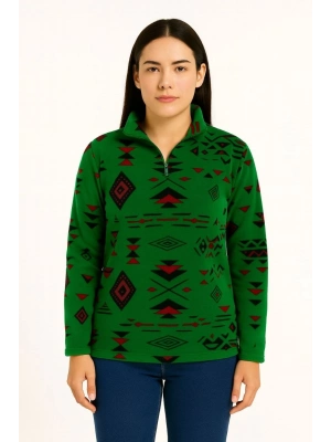 Yarım Fermuarlı Desenli Polar Sweat Tribal Etnik Desen Yakalı, Uzun Kollu, Oversize Rahat Kalıp - Yeşil -