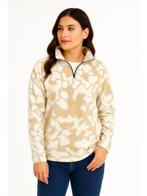 Yarım Fermuarlı Desenli Polar Sweat Yakalı, Uzun Kollu, Oversize Rahat Kalıp - Bej -
