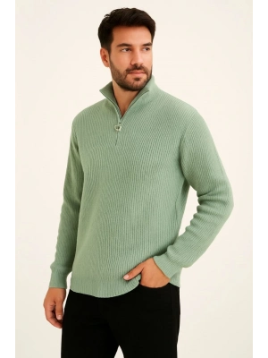 Yarım Fermuarlı Triko Kazak  Mint Yeşili -