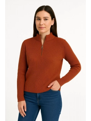 Yarım Fermuarlı Triko Kazak – Selanik Örgü, Dik Yaka, Pamuklu Dokuma, Oversize Uzun Kollu Kışlık Model - Kiremit