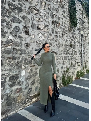 Yırtmaçlı kalın bürümcük uzun elbise Yeşil