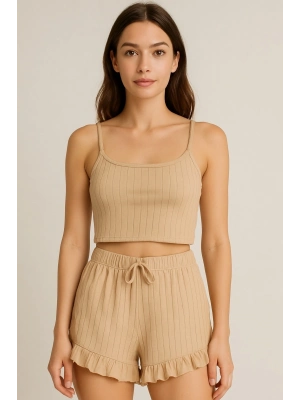 Crop Takım - Askılı Crop Takım Likralı Bej (xl)