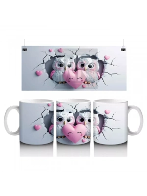 Dalda Oturan Aşık Baykuşlar ve Kalpler – Baskılı Kahve Kupası