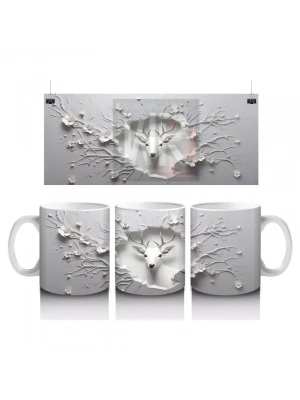 Dallarla Süslenmiş Çatlakta Beliren Beyaz Geyik – Baskılı Kahve Kupası