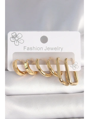 316L Çelik Gold Renk Kare Halka Model Kadın Küpe Seti