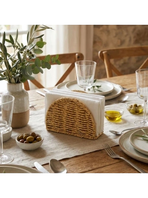 ®  Dekoratif Plastik Rattan Yarım Yuvarlak Peçetelik–Doğal Hasır Dokulu Masaüstü Peçete Standı