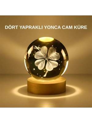 Dekoratif Yonca Görünümlü Işıklı Kristal Cam Küre USB Masa Gece Lambası