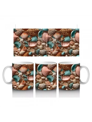 Deniz Kabuğu ve Mercan Desenleriyle Süslenmiş Okyanus Temalı Kompozisyon - Baskılı kahve kupası