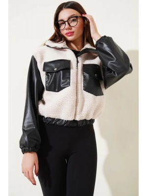 Deri garnili cepli peluş mont siyah t1253