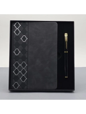 Desenli Siyah Deri Defter Kalem Set