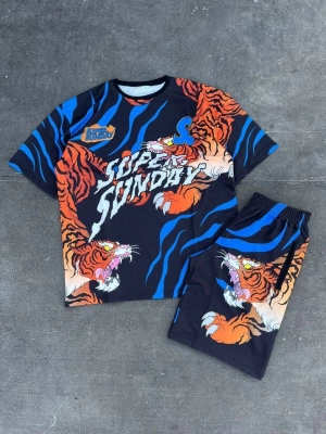 Dijital Baskılı Şortlu Takım - Mavi -