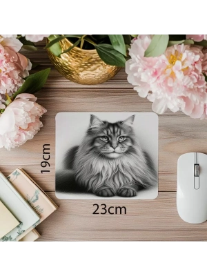Dik Oturan Kedi Figürü – Kalem Çizimli Mouse Pad - 19x23 cm 2 mm Dikdörtgen İthal Baskılı Mouse Pad