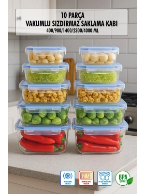 Dikdörtgen 10 Parça Contalı Vakumlu Sızdırmaz Hava Almaz Saklama Kabı Seti 2x(4000/2300/1400/900/400 Ml)