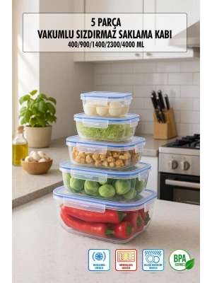 Dikdörtgen 5 Parça Contalı Vakumlu Sızdırmaz Hava Almaz Saklama Kabı Seti (4000/2300/1400/900/400 Ml)