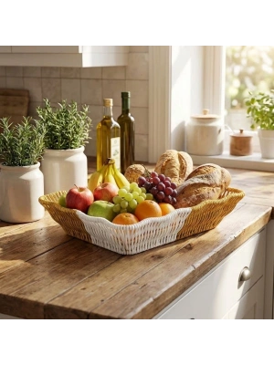 ®  Dikdörtgen Çift Renkli Plastik Rattan Ekmek ve Meyve Sepeti - Çok Amaçlı Banyo ve Mutfak Düzenleyici - Yıkanabilir Tezgâh Üstü Organizer
