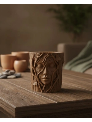 ® Doğa Temalı Yüz Detaylı Dekoratif Vazo 3D Ağaç Desenli Şık Saksı
