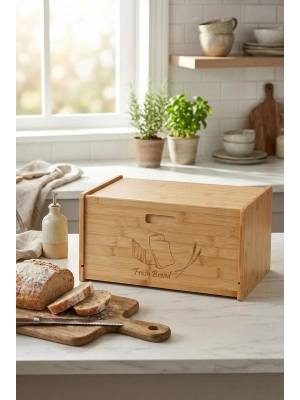 Doğal Bambu Kapaklı Ekmek Kutusu & Doğal Bambu Ekmek Dolabı (23x38x20 cm)