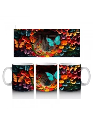 Doğal Çiçekler Arasında Turkuaz Kelebek – Baskılı Kahve Kupası