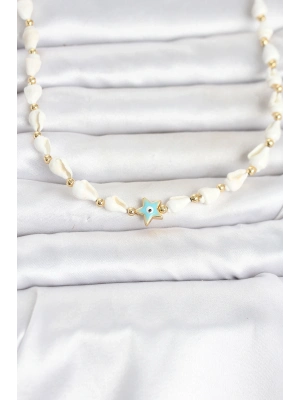 Doğal Deniz Kabuğu Dizili Nazarlı Mavi Yıldız Model Kolye
