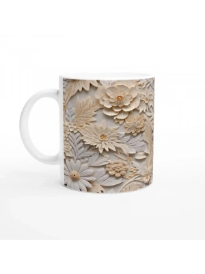 Doğal Tonlarda Kabartmalı Çiçek Desenli Kupa Bardak