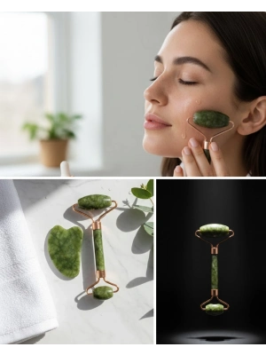 Doğal Yeşim Roller ve Gua Sha Yüz Şekillendirme Seti
