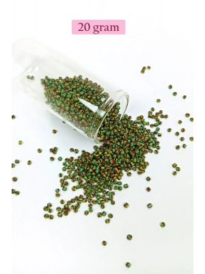 Dökme Cam Kum Boncuk (11/0) 2 mm - 20 Gram -  Yeşil Sarı Çizgili - BNC006