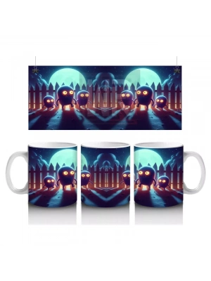 Dolunay Altında Yürüyen İskeletler Desenli Retro Cadılar Bayramı Baskılı Kupa