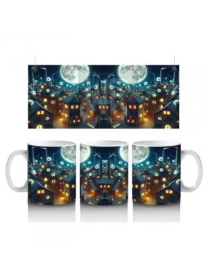 Dolunay ve Renkli Işıklarla Süslenmiş Cadılar Bayramı Sokak Temalı Baskılı Kupa Bardak