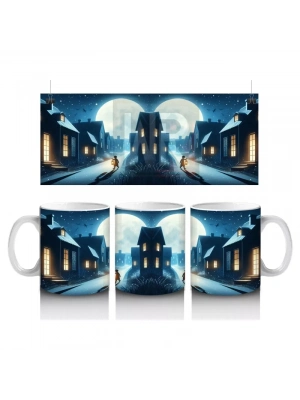 Dolunaylı Sokakta Perili Evler Temalı Gotik Cadılar Bayramı Baskılı Kupa