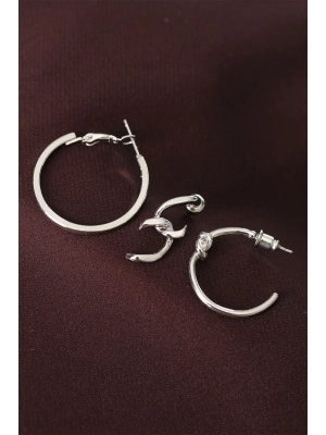 ® Düğüm Model Gümüş Renk Metal Çoklu Halka Küpe