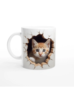 Duvarı Delen Turuncu Beyaz Yavru Kedi Kupa Bardak