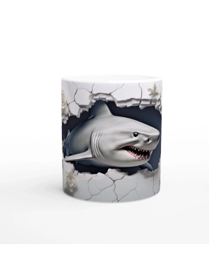 Duvarı Yırtan Köpekbalığı ve Beyaz Gül Temalı Su Altı Kupa Bardak