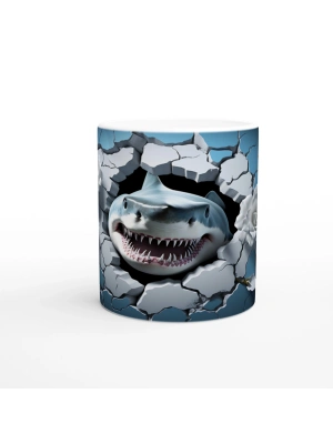 Duvarı Yırtan Vahşi Köpekbalığı ve Beyaz Güller Su Altı Temalı Kupa Bardak