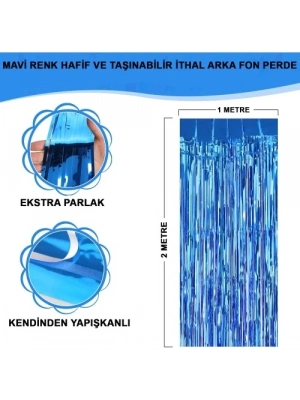 Ekstra Metalize Mavi Renk Saçaklı Arka Fon Perde 1x2 metre