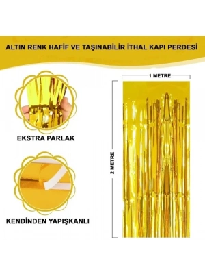 Ekstra Metalize Parlak Saçaklı Arka Fon Perde Gold