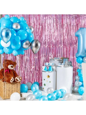 Ekstra Metalize Parlak Saçaklı Arka Fon Perde Rose Gold