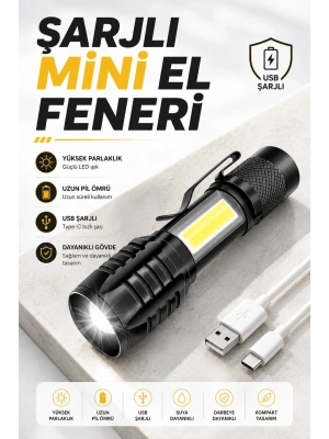 El Feneri Led USB Şarjlı Zoom Mini Led Işık Acil Durum Feneri