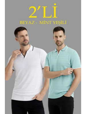 Erkek 2’li Paket Triko Yakalı Düğmesiz Açık Yaka Fitilli Kısa Kollu Regular Fit Tişört - Beyaz  Mint Yeşili