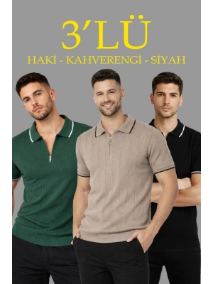 Erkek 3’lü Paket Dokuma Triko  Fermuarlı Yakalı Fitilli Kısa Kollu Regular Fit Tişört - Kahverengi, Haki, Siyah