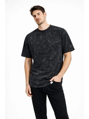 Erkek Asit Yıkama Bisiklet Yaka Kısa Kollu Oversize T-Shirt Tişört - Siyah