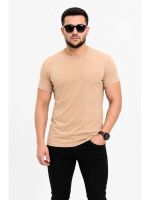 Erkek Basic Tişört Bisiklet Yaka Kısa Kol Günlük Yazlık Slim fit T-Shirt - Bej
