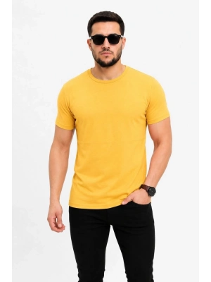 Erkek Basic Tişört Bisiklet Yaka Kısa Kol Günlük Yazlık Slim fit T-Shirt - Sarı